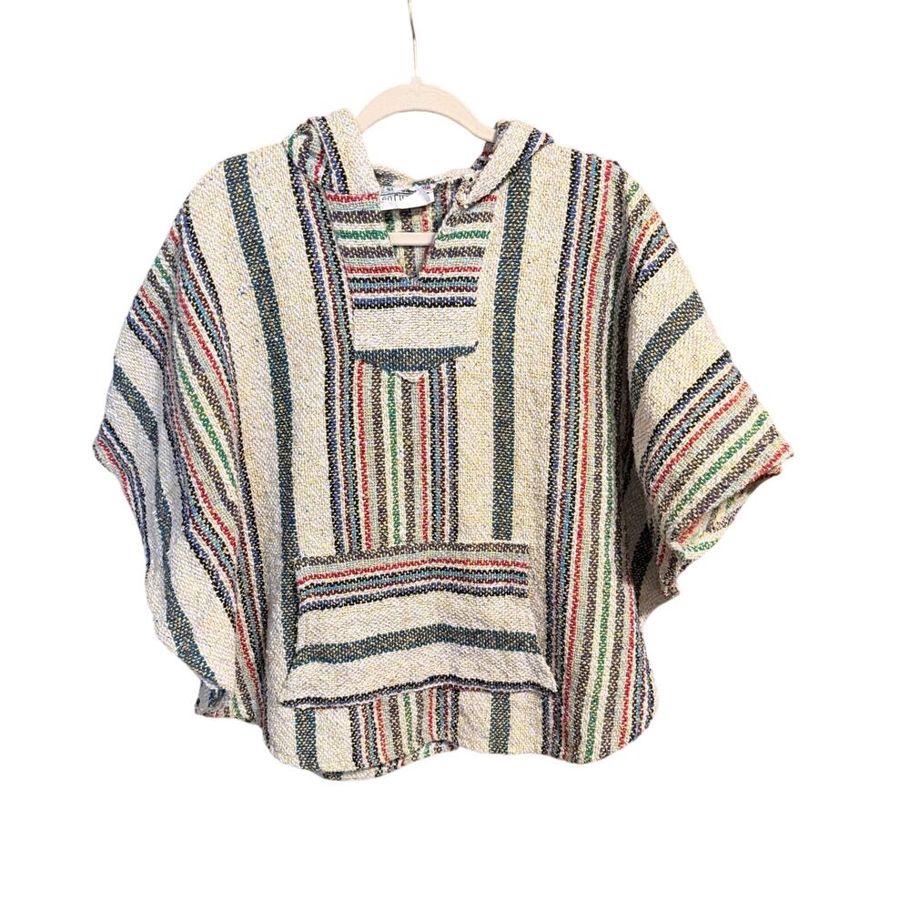 Multicolor Mexican Baja poncho Mexico large hooded front pocket cien fuegos cape